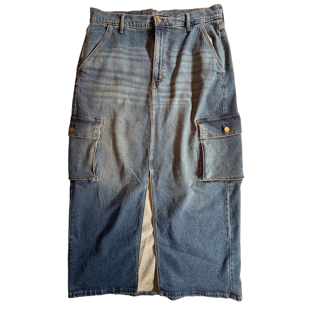 a.n.a Denim Cargo Skirt Womens 14 Blue High Rise Utility Maxi Jean Skirt Slit